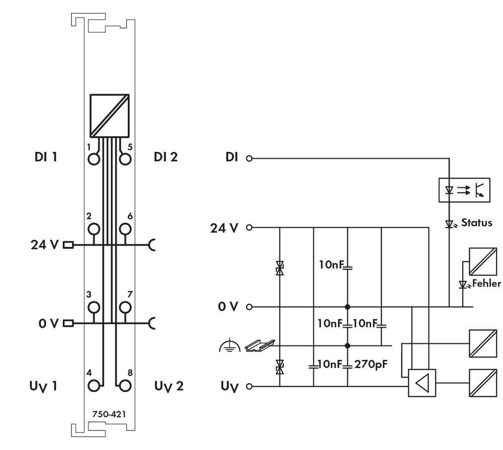 Schemat elektryczny systemu elektronicznego: przedstawia wejścia, wyjścia, linie połączeń oraz elementy takie jak rezystory i kondensatory.