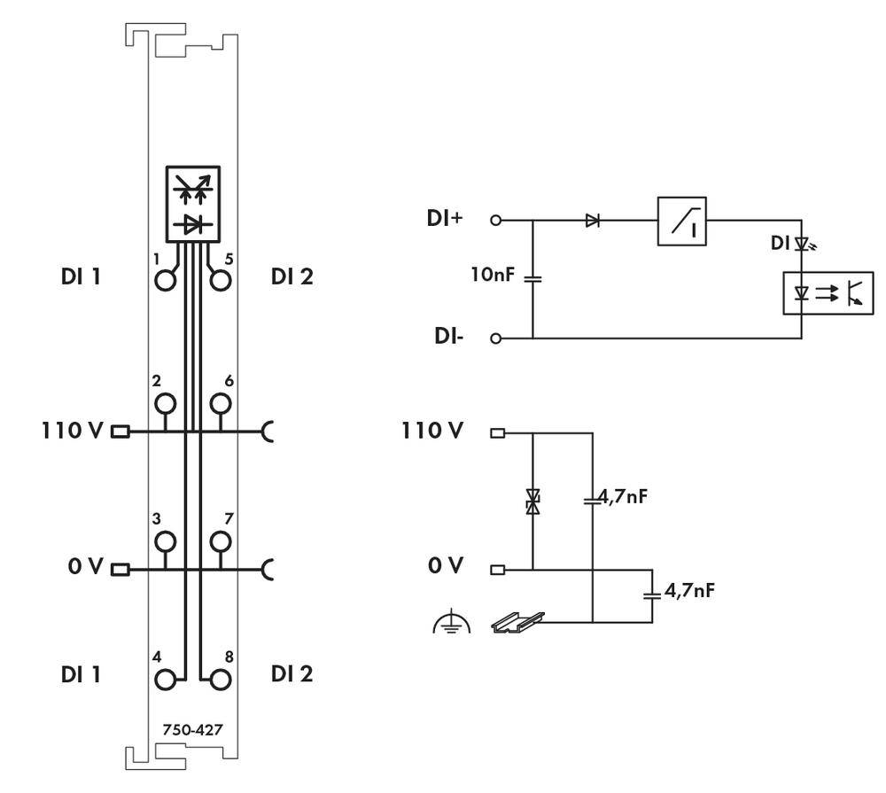 Schemat elektryczny systemu z dwoma wejściami cyfrowymi (DI1, DI2), złączami 110V i 0V oraz kondensatorami i diodami.