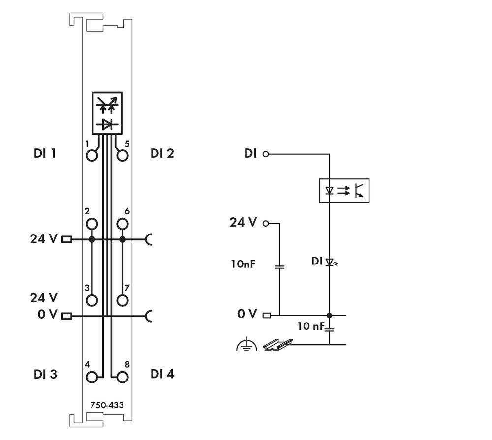 Schemat elektryczny obwodu z czterema wejściami (DI 1 do DI 4), zasilaniem (24 V) oraz dwoma kondensatorami (10 nF).