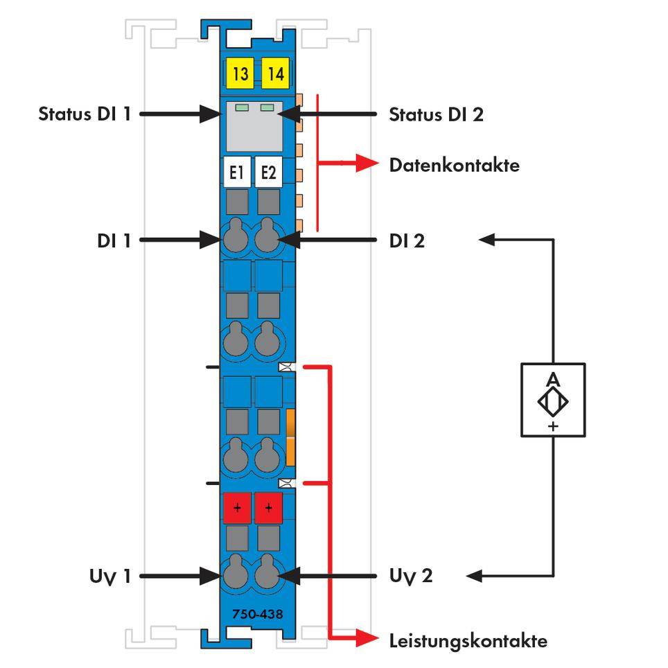 Prezentacja modułu elektrycznego z oznaczeniem styków danych i zasilania, wraz ze wskaźnikami statusu oraz schematem obwodu.