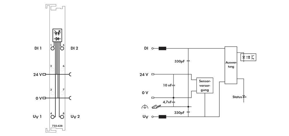 Schemat połączeń elektronicznego układu z dwoma wejściami (DI1, DI2) i wyjściami. Przedstawia połączenia elementów oraz wartości napięć (24V, 0V, UV).