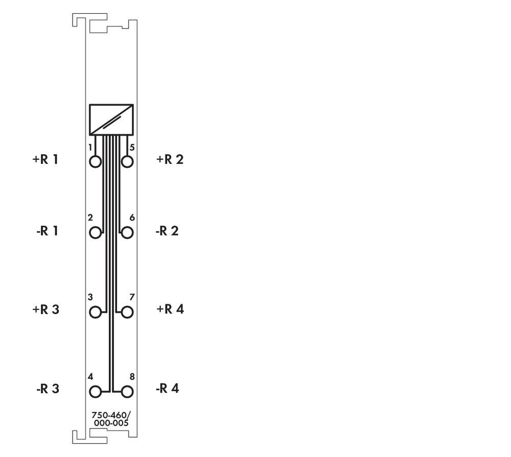 Diagram przedstawia modularną jednostkę przewodową z ponumerowanymi portami i różnymi rezystorami. Na górze przedstawiono element elektroniczny.