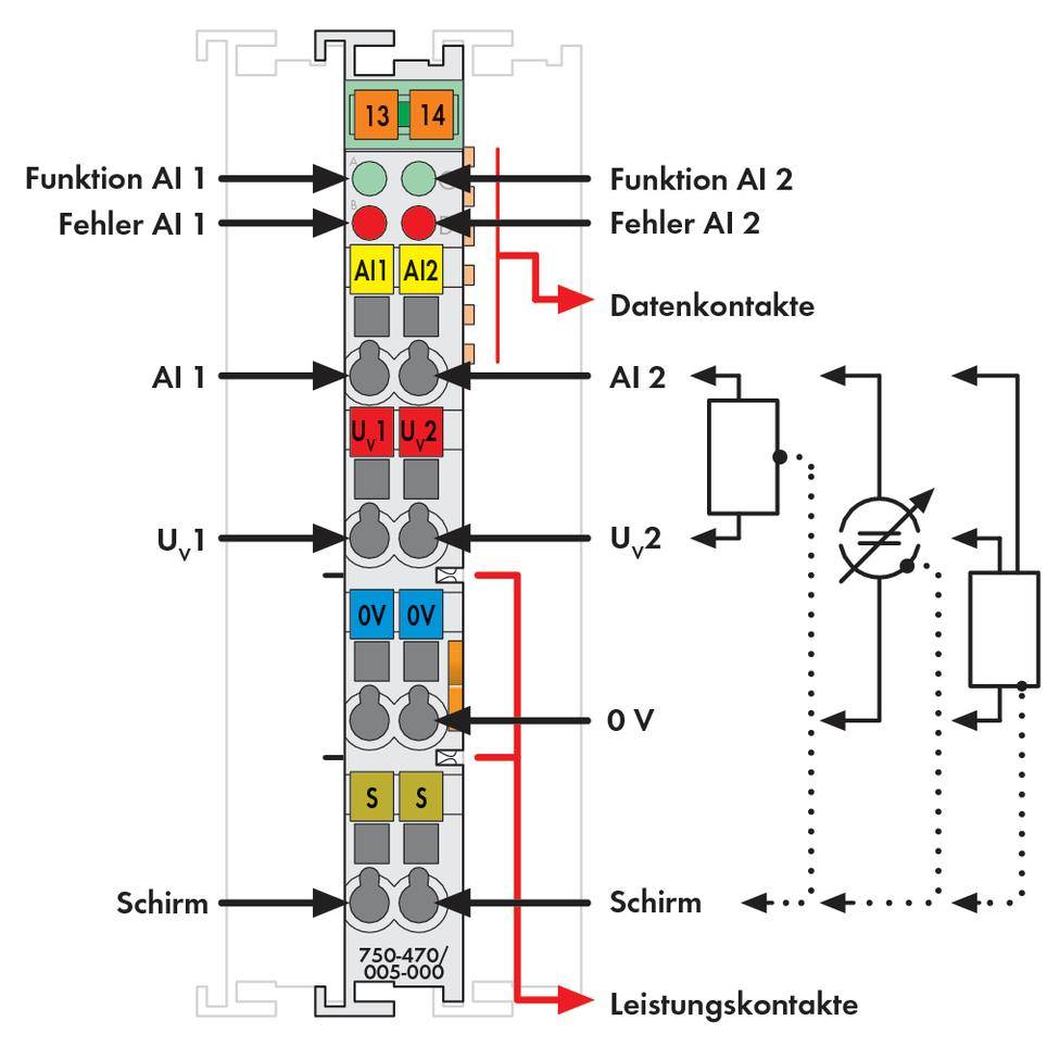Schemat przełączający modułu elektronicznego z różnymi stykami, przełącznikami i diodami LED do wskazywania funkcji i usterek.