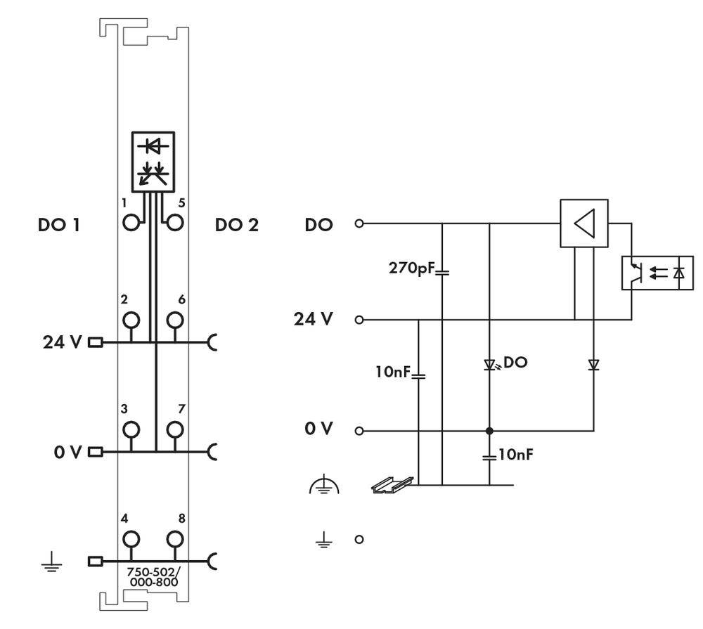 Schemat elektryczny elementu elektronicznego przedstawia złącza DO1, DO2, 24V oraz 0V, wraz z przynależnymi kondensatorami i diodami.