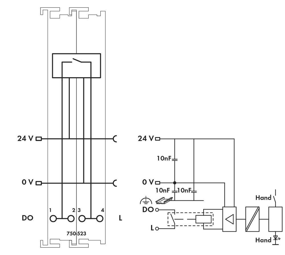 Schemat połączeń elektrycznego modułu zasilanego napięciem 24 V. Diagram przedstawia podłączenia do zacisków wraz z kondensatorami i ręcznymi elementami sterującymi.