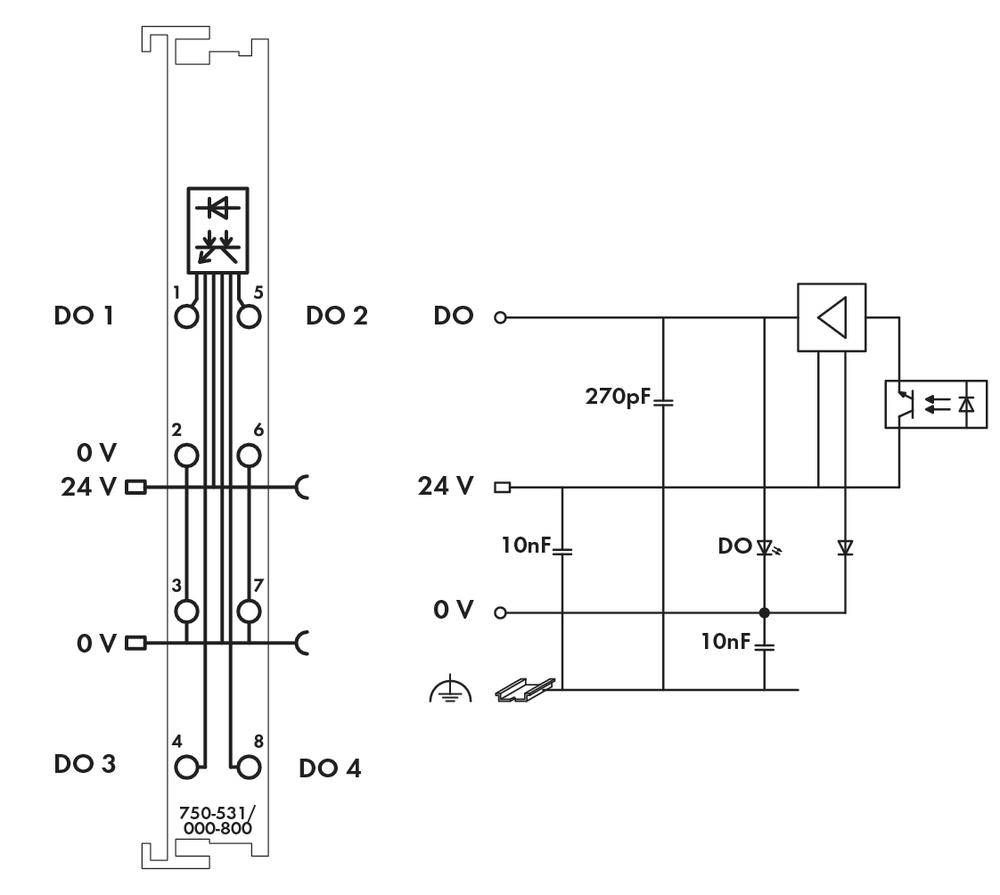 Schemat połączeń elektronicznych z diodami, kondensatorami i obwodami, oznaczony etykietami DO1, DO2, DO3, DO4.