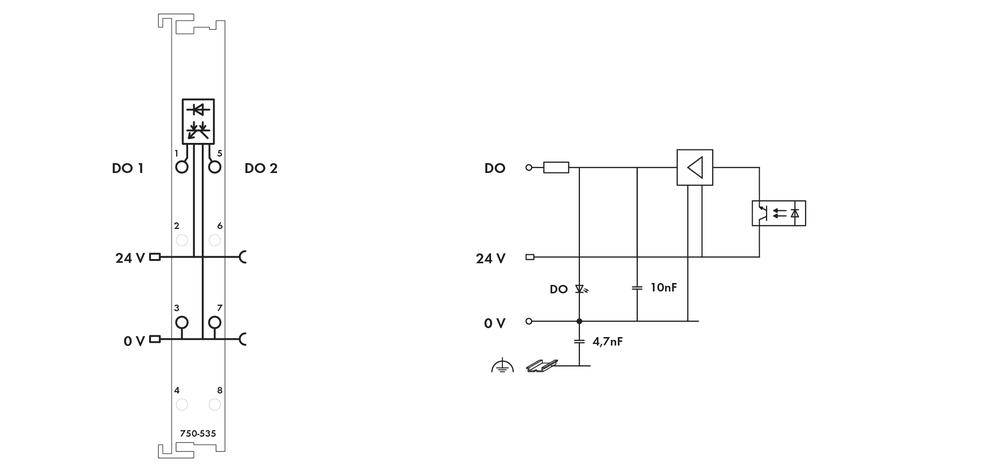 Diagram przedstawia schemat elektryczny z zasilaczem 24V. Po lewej stronie pokazano moduł przekaźnikowy, po prawej - układ z diodami.