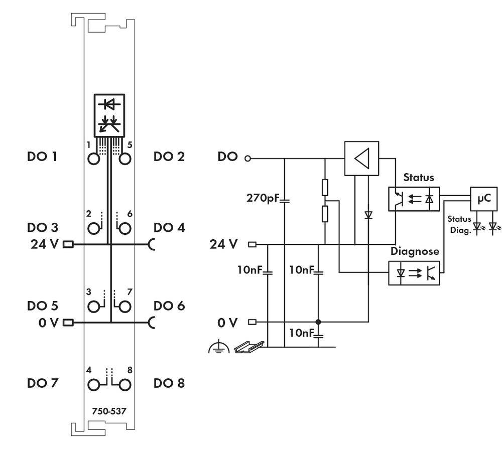 Schemat elektryczny modułu elektronicznego z ośmioma wyjściami cyfrowymi, diodami LED diagnostycznymi i statusowymi oraz różnymi elementami elektronicznymi.