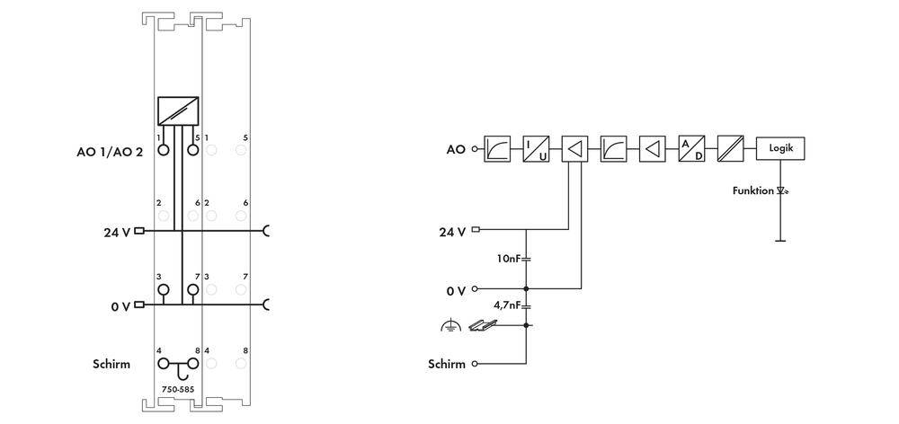 Schemat elektryczny z AO i logiką, pokazujący przewody 24V i 0V oraz symbole kondensatorów i uziemienia.