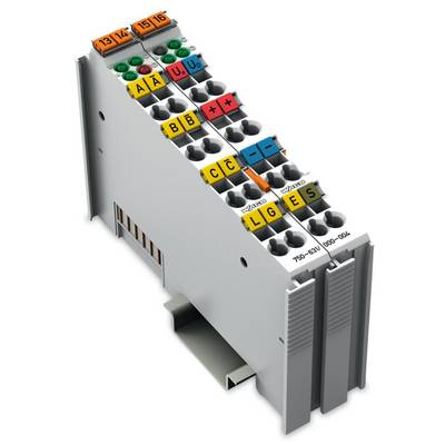 Przemysłowy element konstrukcyjny z kolorowo kodowanymi złączami, oznaczony literami 'A', 'B', 'C', 'L', 'G', 'E', stosowany do połączeń elektrycznych.