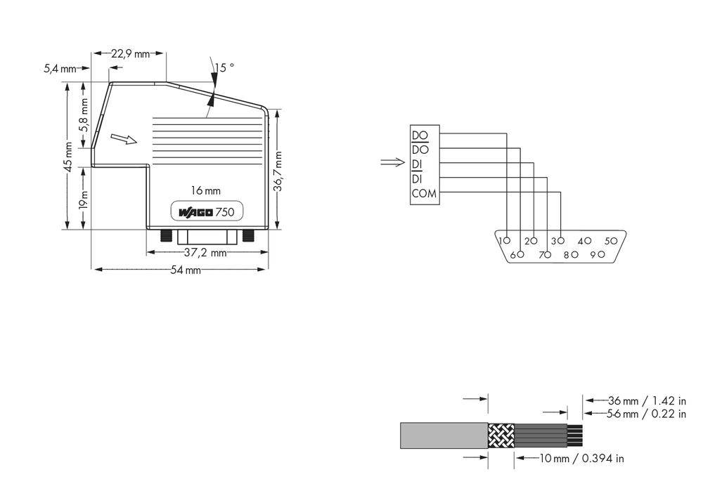 Rysunek techniczny elementu Mytecs 750 w milimetrach. Przedstawia złącza: DO, DI, COM. Szczegółowe linie wymiarowe.
