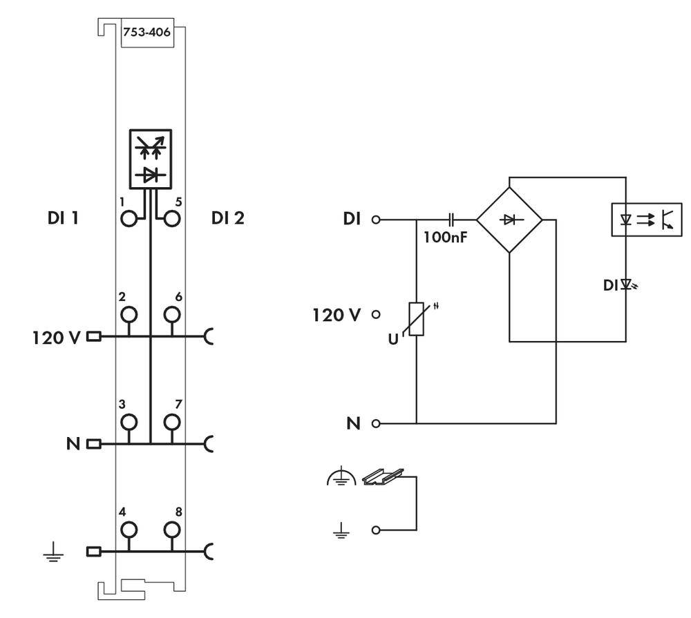 Diagram przedstawia obwód elektryczny z elementami takimi jak diody, rezystory i przełączniki. W lewym górnym rogu: 'DI1', 'DI2'. Po prawej stronie kondensator oznaczony jako '100nF'.