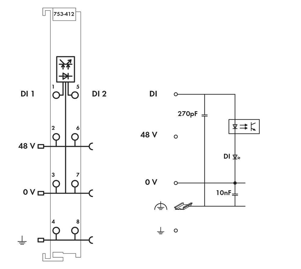 Schemat elektryczny elementu elektronicznego z dwoma wejściami, 48V i 0V. Przedstawia komponenty takie jak diody i kondensatory w obwodzie.