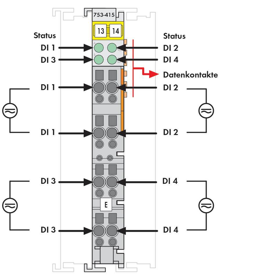 Schemat elektrycznego obwodu z zaworem bezpieczeństwa. Po lewej i prawej stronie widoczne są wskaźniki statusu i wejścia cyfrowe.