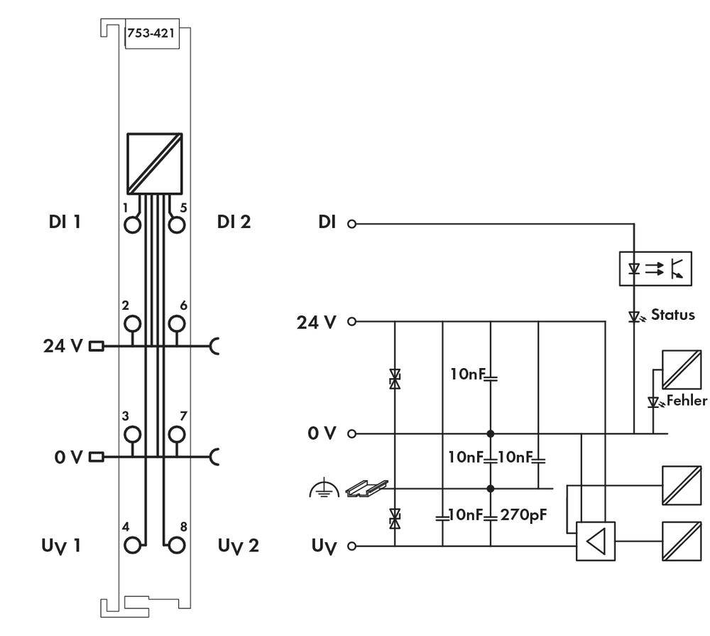 Schemat elektryczny systemu z dwoma wejściami, wartościami napięcia, kondensatorami (10 nF, 270 pF) oraz wskaźnikiem stanu.