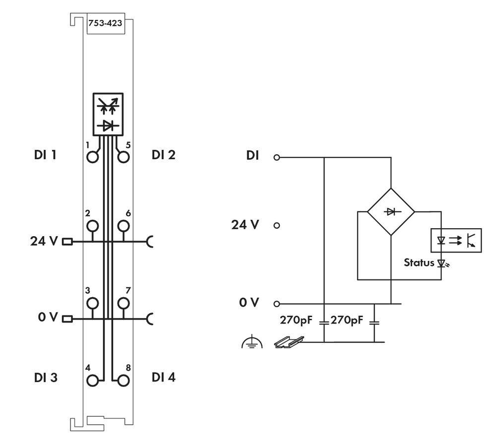 Schemat elektryczny urządzenia elektronicznego: Po lewej stronie listwa przyłączeniowa z zaciskami, po prawej stronie wewnętrzny układ elektroniczny z diodami i kondensatorami.