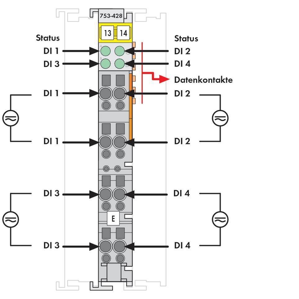 Schemat elektryczny modułu urządzenia z sześcioma okrągłymi złączami po lewej stronie i czterema po prawej. Obok górnych złączy znajduje się napis 'Kontakty danych'.