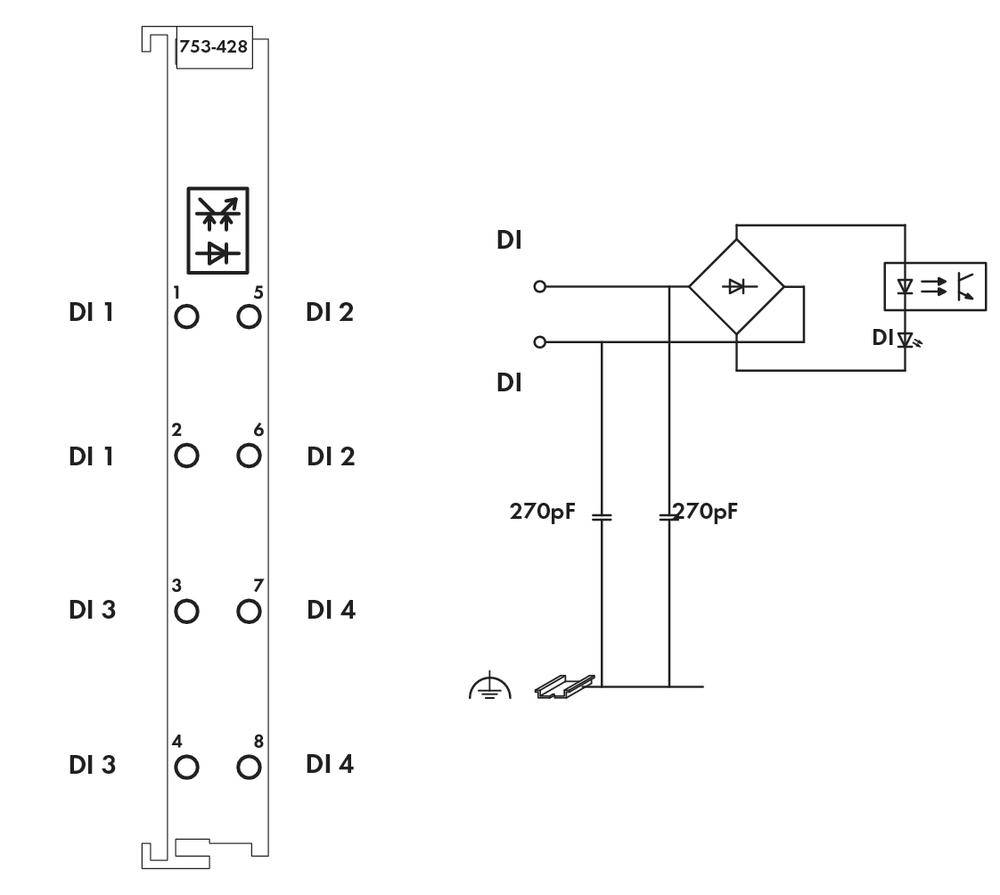 Schematyczny rysunek modułu elektronicznego z przyłączami DI 1 do DI 4 oraz obwodem zawierającym kondensator 270 pF.