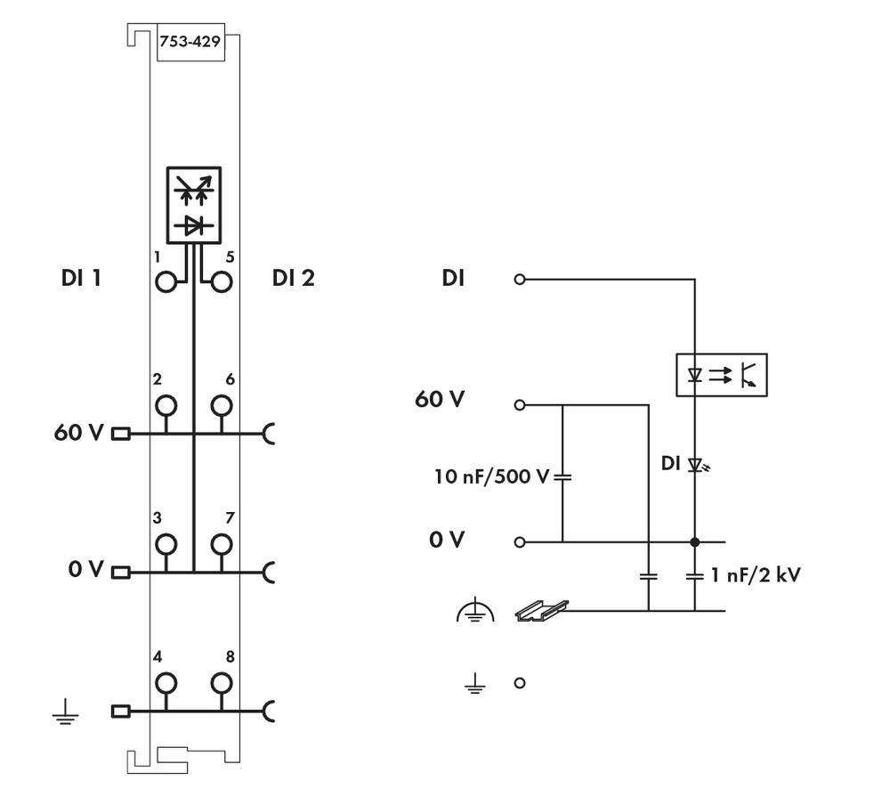 Schemat pokazuje okablowanie elementu elektronicznego z dwoma wejściami DI, wartościami napięcia oraz kondensatorem o pojemności 1 nF/2 kV.