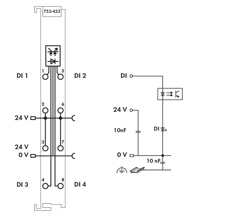 Schemat elektryczny modułu elektronicznego z czterema wejściami, zasilaniem 24V, kondensatorami i symbolami diod.