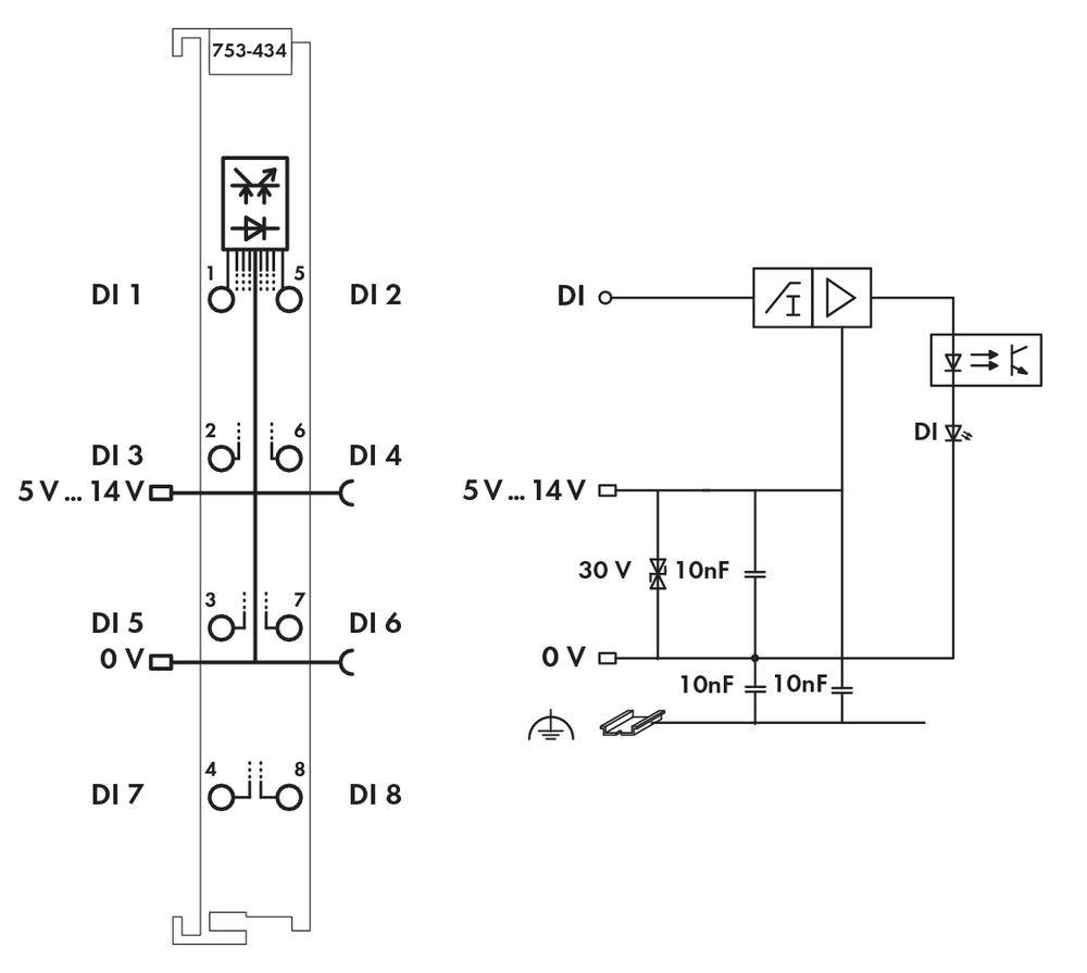 Schemat elektryczny przedstawia elementy elektroniczne: diody, kondensatory oraz punkty przyłączeniowe. Oznaczenia: DI1 do DI8, wartości napięć.