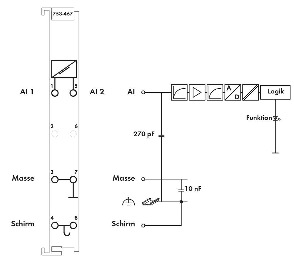'AI1', 'AI2', wartości i opisy na schemacie z elementami logicznymi. Kondensatory: 270 pF i 10 nF.