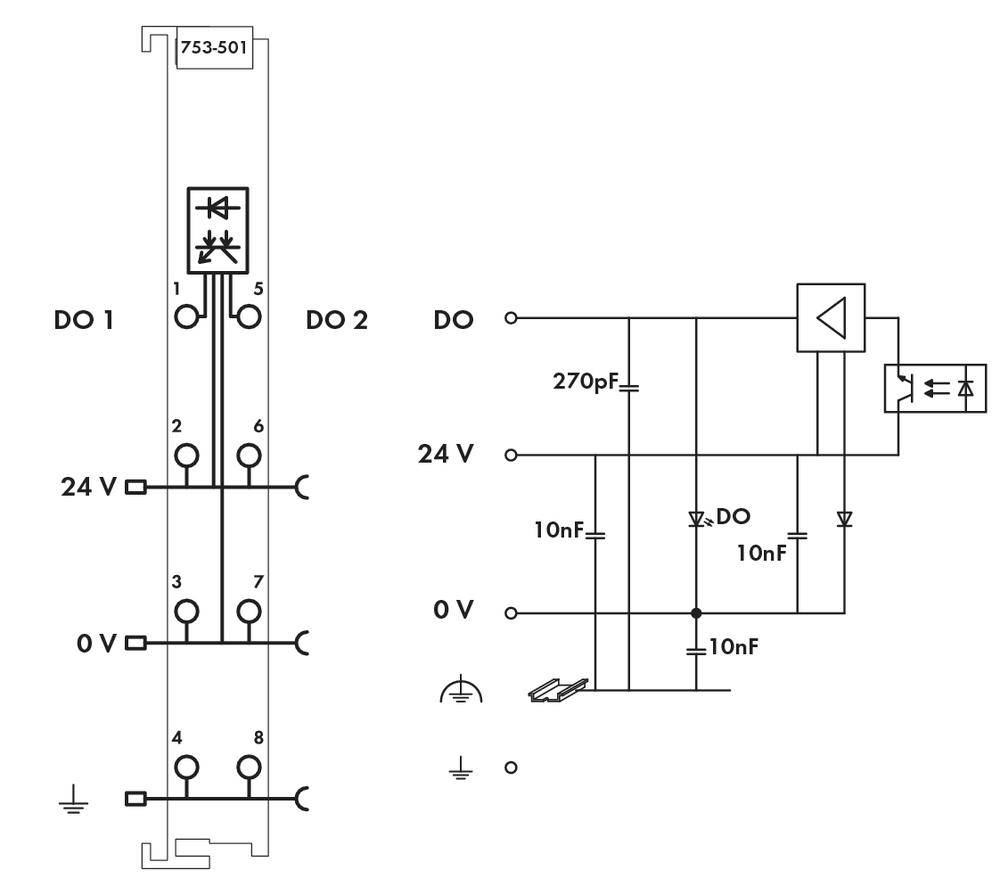 Schemat elektryczny przedstawia okablowanie DO1 i DO2 z różnymi elementami, w tym tranzystorem i kondensatorami.