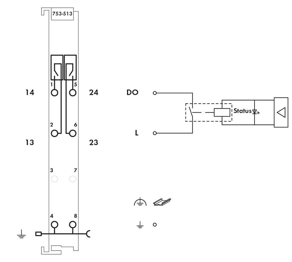 Schemat elektrycznego przekaźnika z numerami 14, 24, 13, 23. Połączenia do DO i lampki statusowej, przedstawiający pozycje przełączania.
