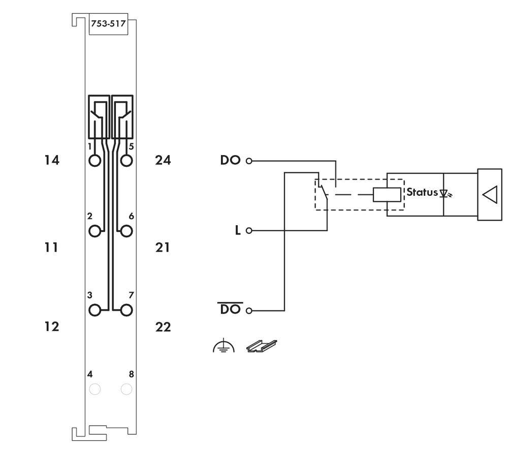 Schemat elektryczny modułu elektronicznego. Po lewej: element z numeracją. Po prawej: diagram z etykietą 'Status', pokazujący połączenia DO i L.