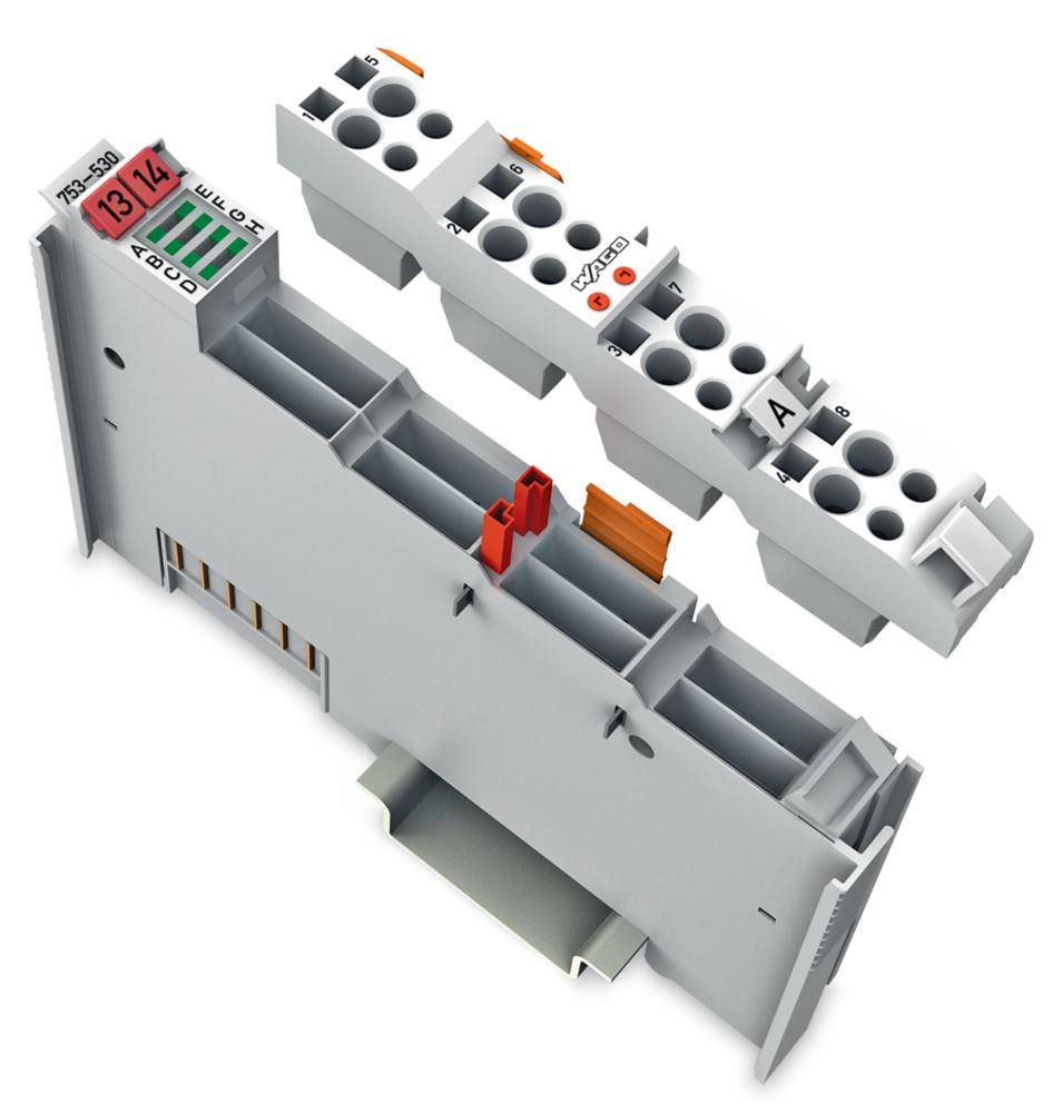 Elektroniczny moduł do montażu na szynie DIN, obudowa w kolorze szarym, widok z góry. Widocznych kilka zacisków do podłączeń elektrycznych.