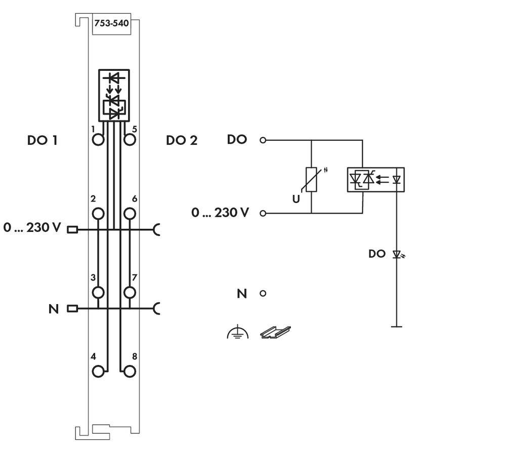 Schemat elektrycznego modułu przekaźnikowego z wejściem napięciowym 0-230 V oraz dwoma wyjściami sterującymi DO1 i DO2.