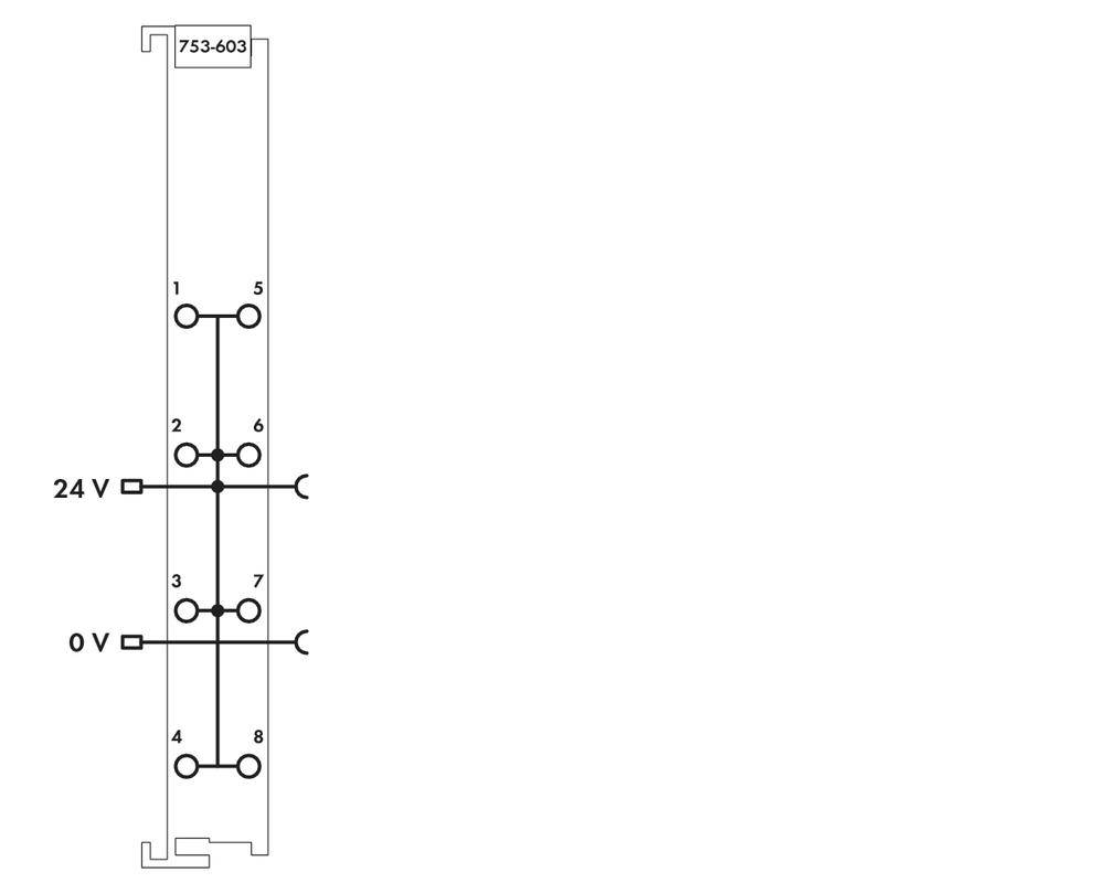 Diagram przedstawia obwód elektryczny z dwoma pionowymi liniami, łączącymi punkty od 1 do 8, oznaczonymi jako '24 V' i '0 V'.