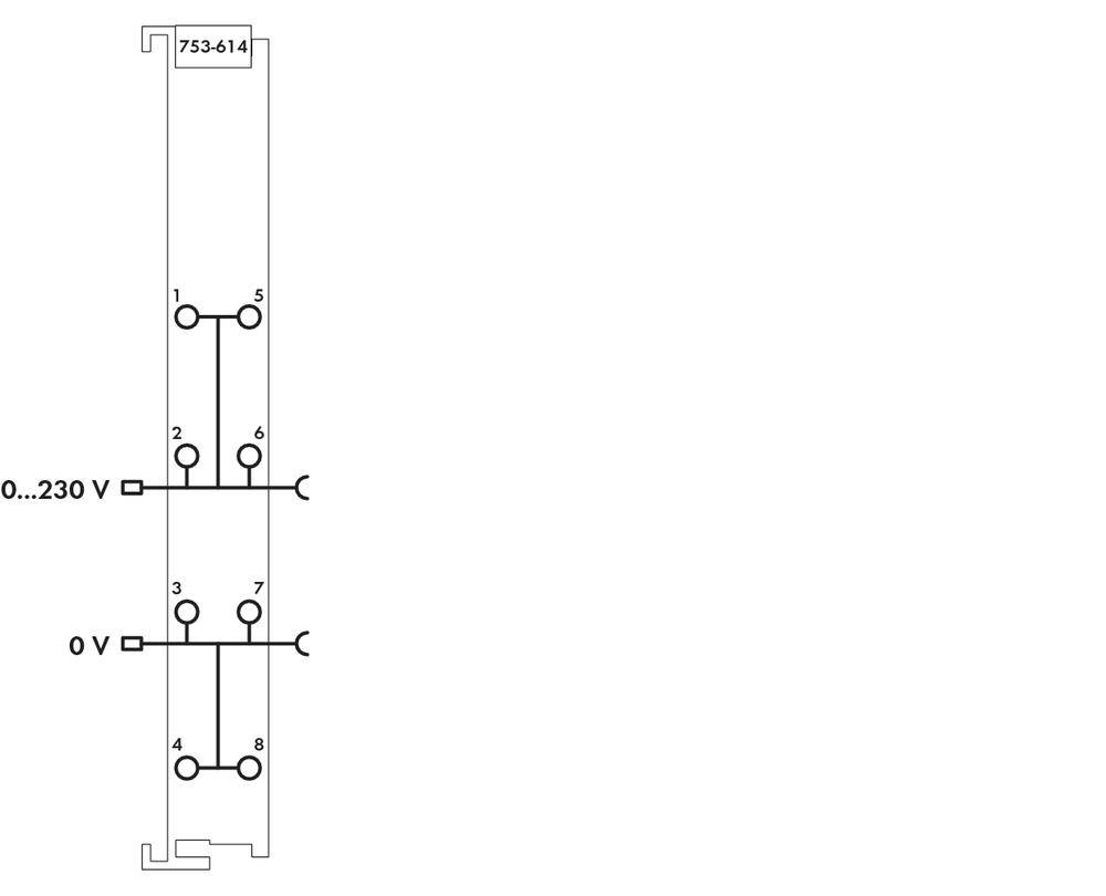 Schemat elektrycznego przełącznika z dwoma obwodami. Po lewej stronie wyświetlane są '0...230 V' oraz '0 V'. Górne i dolne punkty połączeniowe są ponumerowane.