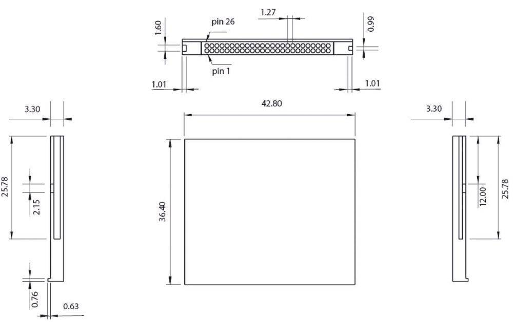 Rysunek techniczny złącza prostokątnego z precyzyjnymi wymiarami w milimetrach oraz opisem pozycji pinów.