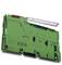 Zielona elektroniczna płytka drukowana z wieloma złączami i przezroczystym elementem osłonowym. Posiada nadruki techniczne.