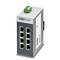 Przemysłowy switch Ethernet z ośmioma portami, przeznaczony do montażu na szynie DIN, marki Phoenix Contact.