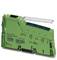 Zielony moduł elektroniczny z wieloma złączami, prawdopodobnie przeznaczony do przemysłowych zastosowań sterujących lub komunikacyjnych.