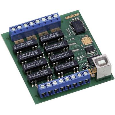 Zielona płytka drukowana z kilkoma niebieskimi zaciskami przyłączeniowymi i portem USB. Jest wyposażona w różne komponenty elektroniczne.