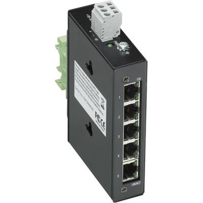 Czarny switch Ethernet z pięcioma portami RJ45 oraz zielonym złączem zasilającym.