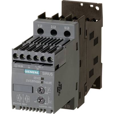 Softstart 'Schütz' firmy Siemens, model SIRIUS 3RW3016-1BB14. Element elektryczny do systemów sterowania. Obudowa w kolorze czarnym z zaciskami przyłączeniowymi.
