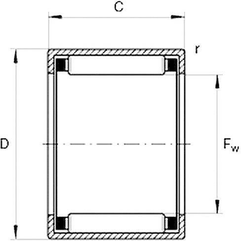 Rysunek techniczny łożyska cylindrycznego z zaznaczonymi wymiarami: średnica całkowita (D), szerokość wewnętrzna (C), promień (r) oraz obciążenie (Fw).