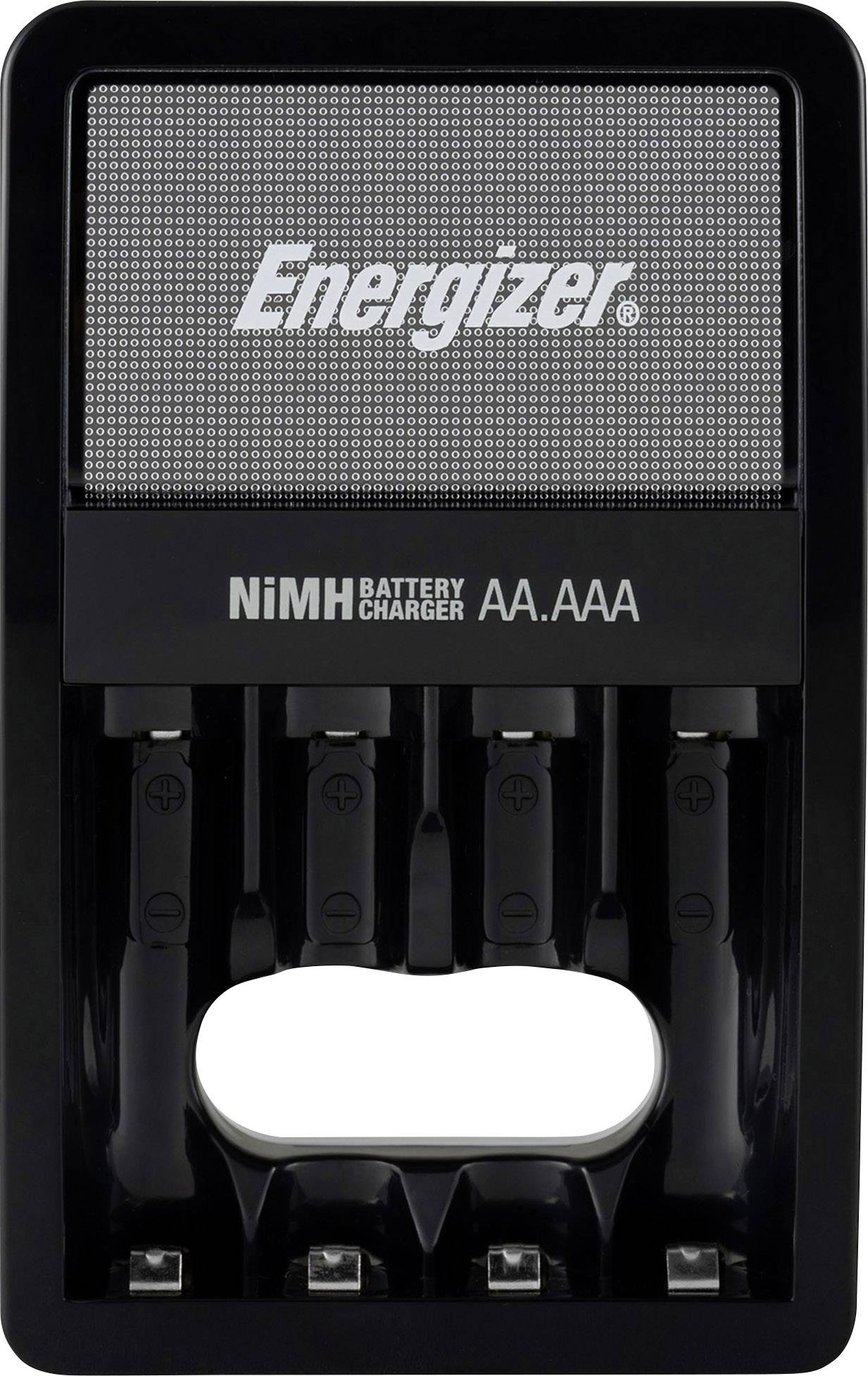 Ładowarka do baterii firmy Energizer, odpowiednia dla akumulatorów NiMH AA i AAA, w kolorze czarnym.