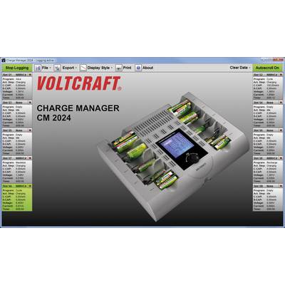 Ładowarka akumulatorów z ośmioma akumulatorami AA w trakcie ładowania. Wyświetlacz LCD pokazuje informacje o ładowaniu. Po lewej stronie widnieje napis 'VOLTCRAFT CHARGE MANAGER CM 2024'.