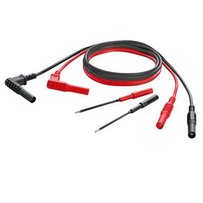 Zestaw czerwonych i czarnych przewodów pomiarowych z kątowymi końcówkami wtykającymi i sondami, odpowiednich do pomiarów elektrycznych.