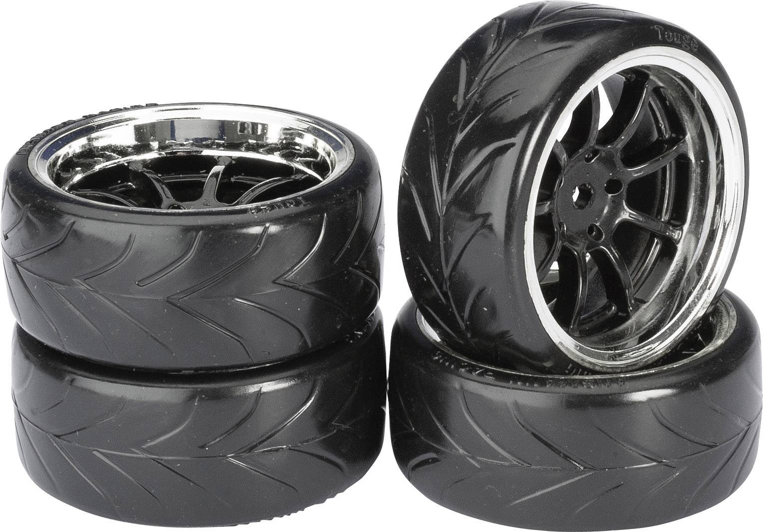 Комплектне колесо Absima, 1:10, 9-спицевий обід, чорний/хромований, покришки On-road Slick, A, 4 шт.