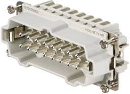 Prostokątny, wielobiegunowy złącze elektryczne z metalowymi stykami i obudową z tworzywa sztucznego.