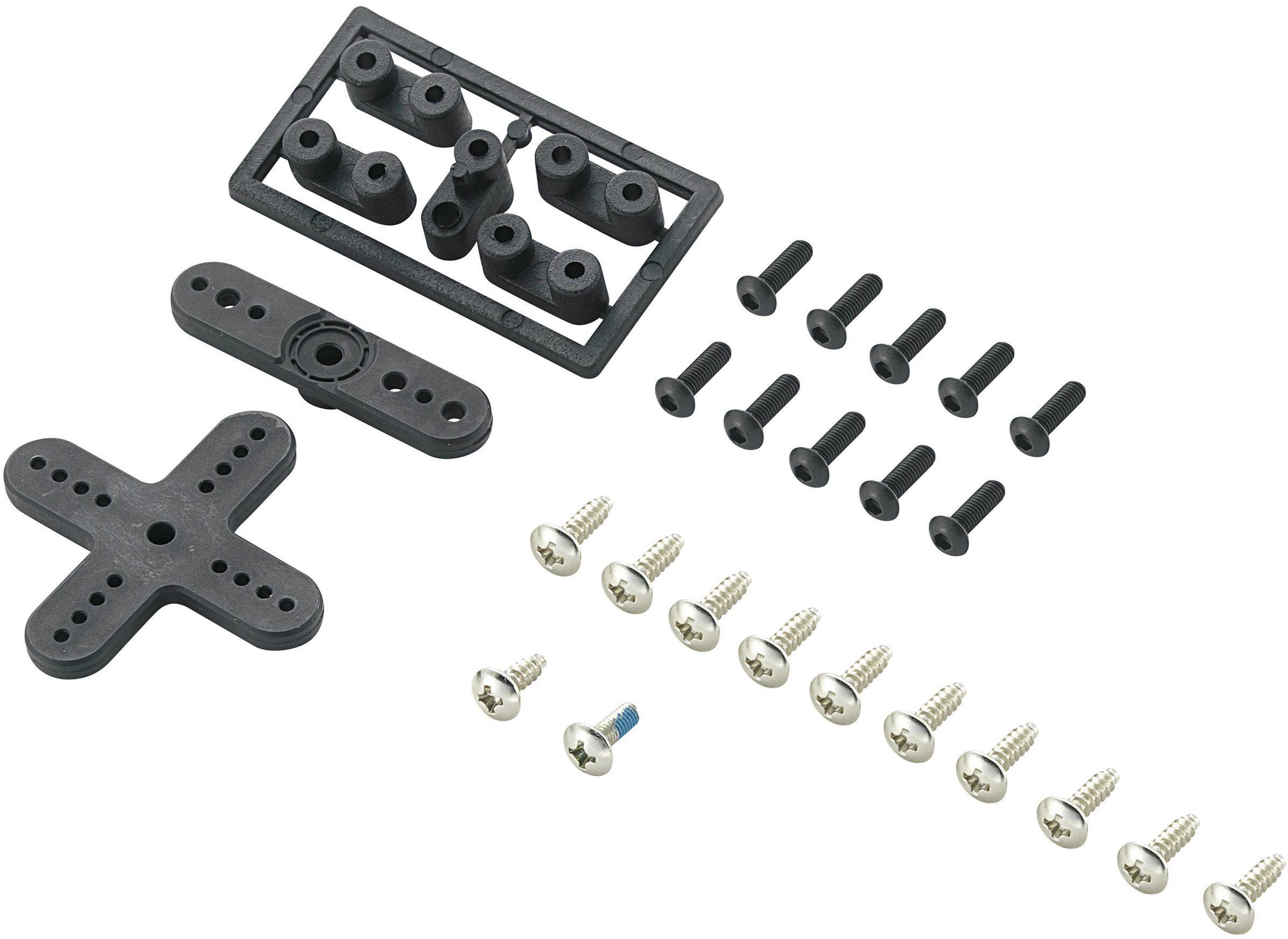 Zestaw akcesoriów serwo z mocowaniem krzyżowym i prostokątnym, śrubami i tłumikami gumowymi, rozłożony na białej powierzchni.