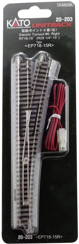 'KATO Unitrack 20-203 Elektryczny Zwrotnica #4 Prawa, 718 mm (R), 15°.' Akcesoria do kolejki modelarskiej w opakowaniu z przewodem.