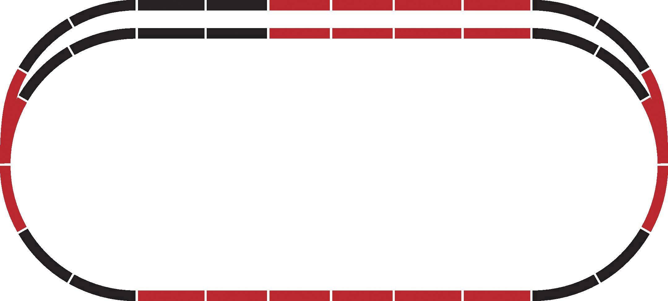 'Owalny zarys trasy z naprzemiennymi czarnymi i czerwonymi segmentami.'