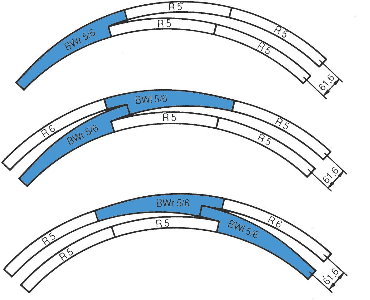 Diagram przedstawia trzy zakrzywione segmenty z różnymi odcinkami, oznaczone jako 'BW 5/6' w kolorze niebieskim oraz odcinkami 'R5' w kolorze białym.